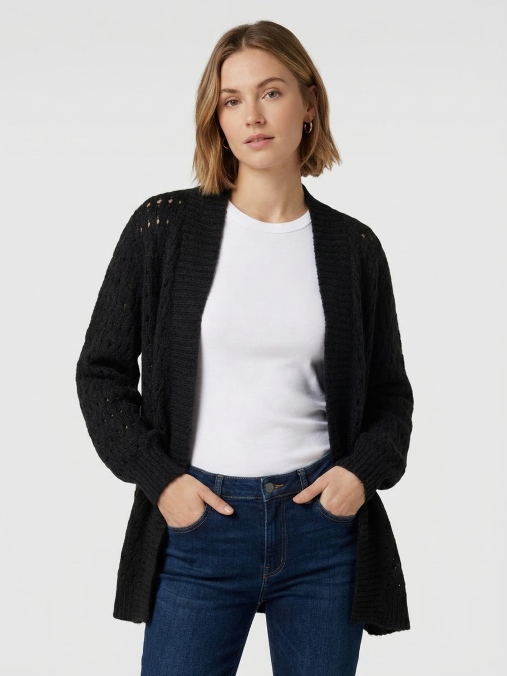 Marc Cain Black Mohair Alpaca Blend Open Knit Cardigan Size Large 10-12